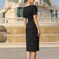 Elegant Black Midi Dress with Vintage Rhinestone Buttons and Beaded Accents