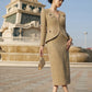 Tweed Skirt Suit Set - Gold Textured Blazer and Midi Skirt