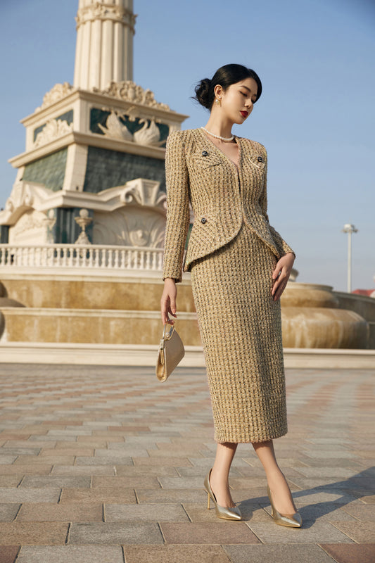 Tweed Skirt Suit Set - Gold Textured Blazer and Midi Skirt