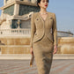 Tweed Skirt Suit Set - Gold Textured Blazer and Midi Skirt
