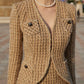 Tweed Skirt Suit Set - Gold Textured Blazer and Midi Skirt