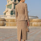 Tweed Skirt Suit Set - Gold Textured Blazer and Midi Skirt