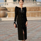 Long Black Double-Breasted Dress with Beaded Collar and Puff Sleeves