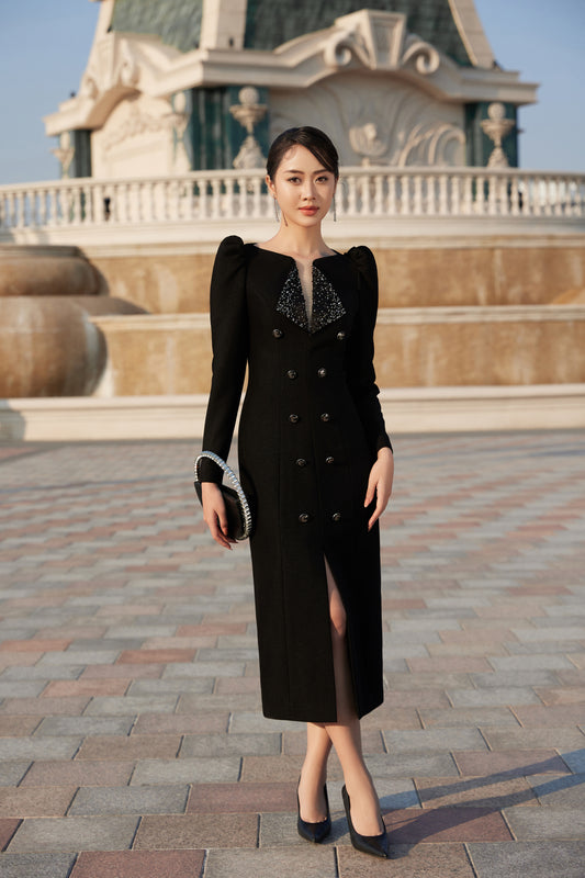 Long Black Double-Breasted Dress with Beaded Collar and Puff Sleeves