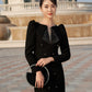 Long Black Double-Breasted Dress with Beaded Collar and Puff Sleeves