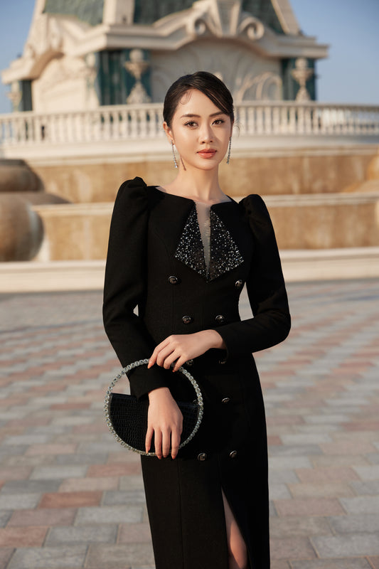 Long Black Double-Breasted Dress with Beaded Collar and Puff Sleeves