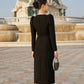 Long Black Double-Breasted Dress with Beaded Collar and Puff Sleeves