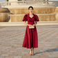 Burgundy A-Line Dress with Puff Sleeves