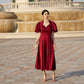 Burgundy A-Line Dress with Puff Sleeves