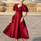 Burgundy A-Line Dress with Puff Sleeves
