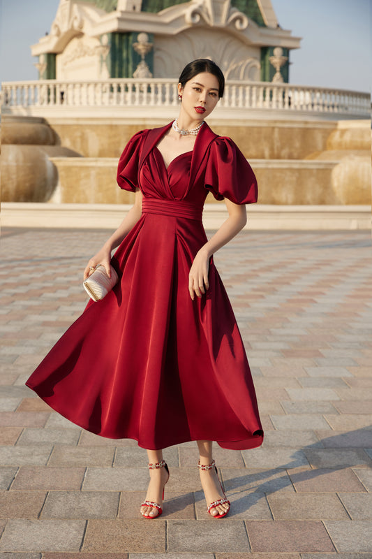 Burgundy A-Line Dress with Puff Sleeves