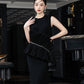 Black Ruffled Midi Dress with Asymmetrical Design