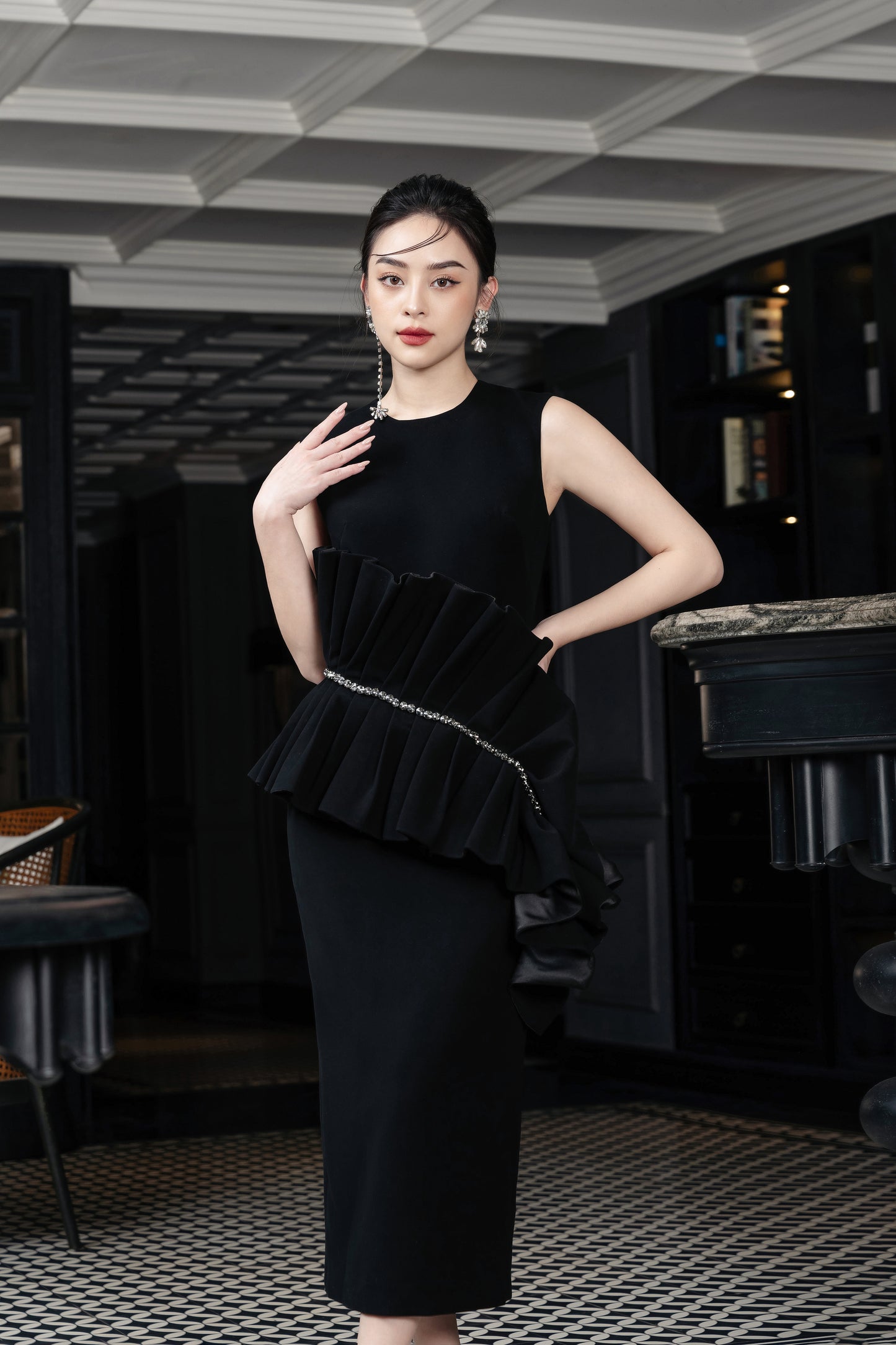 Black Ruffled Midi Dress with Asymmetrical Design