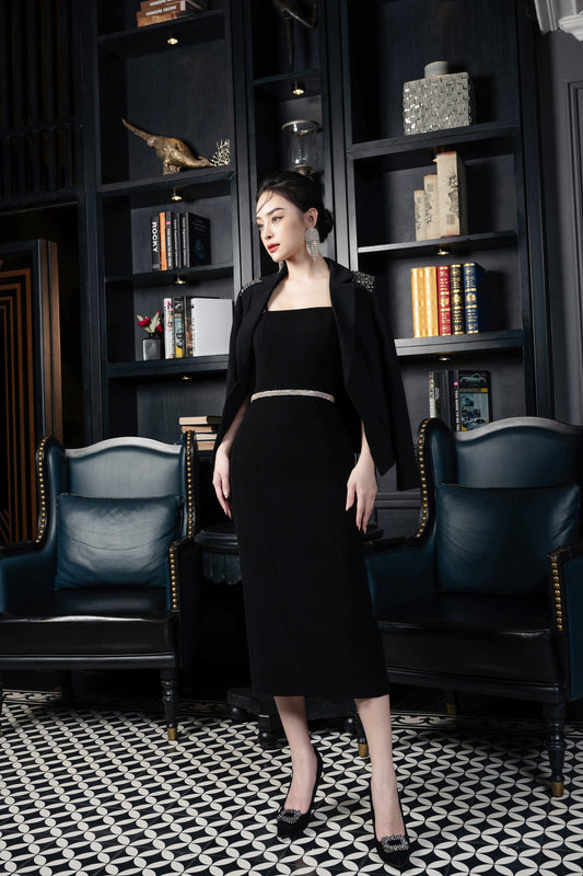 Black Midi Dress with Embellished Blazer