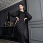 Black Jacquard Midi Dress with Puff Sleeves and Pearl Neckline