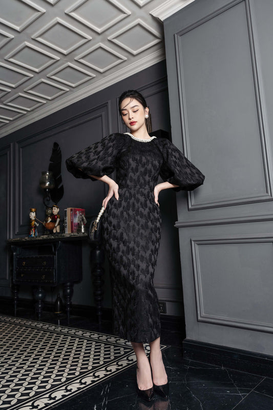 Black Jacquard Midi Dress with Puff Sleeves and Pearl Neckline
