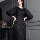 Black Jacquard Midi Dress with Puff Sleeves and Pearl Neckline