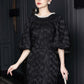 Black Jacquard Midi Dress with Puff Sleeves and Pearl Neckline