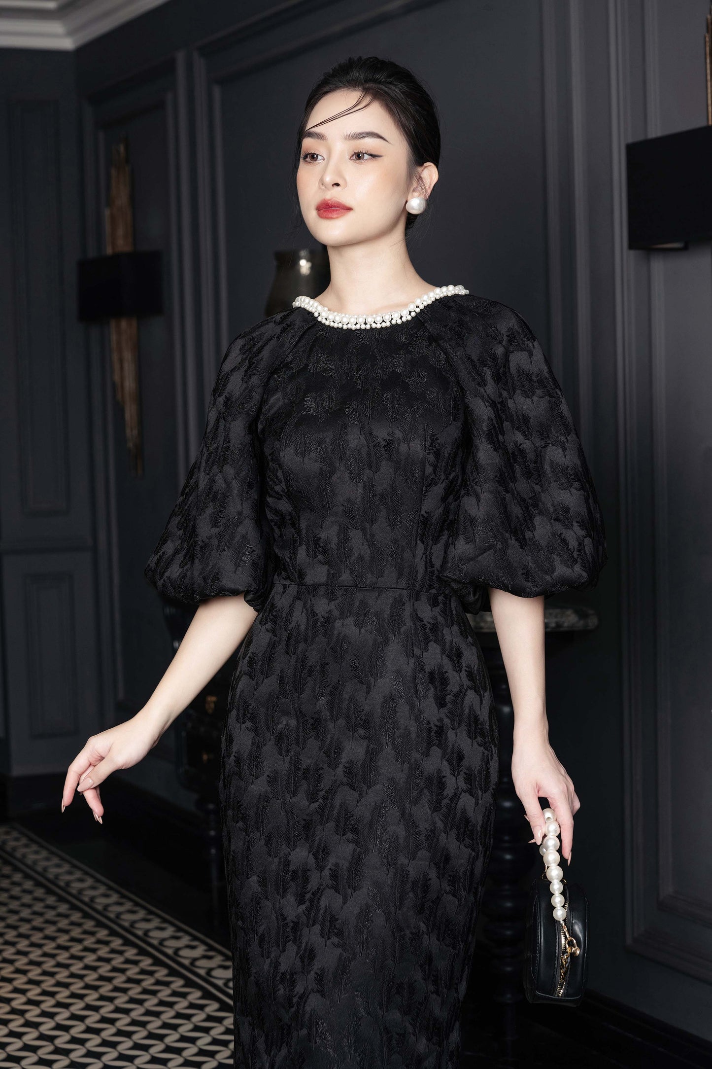 Black Jacquard Midi Dress with Puff Sleeves and Pearl Neckline