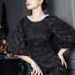 Black Jacquard Midi Dress with Puff Sleeves and Pearl Neckline