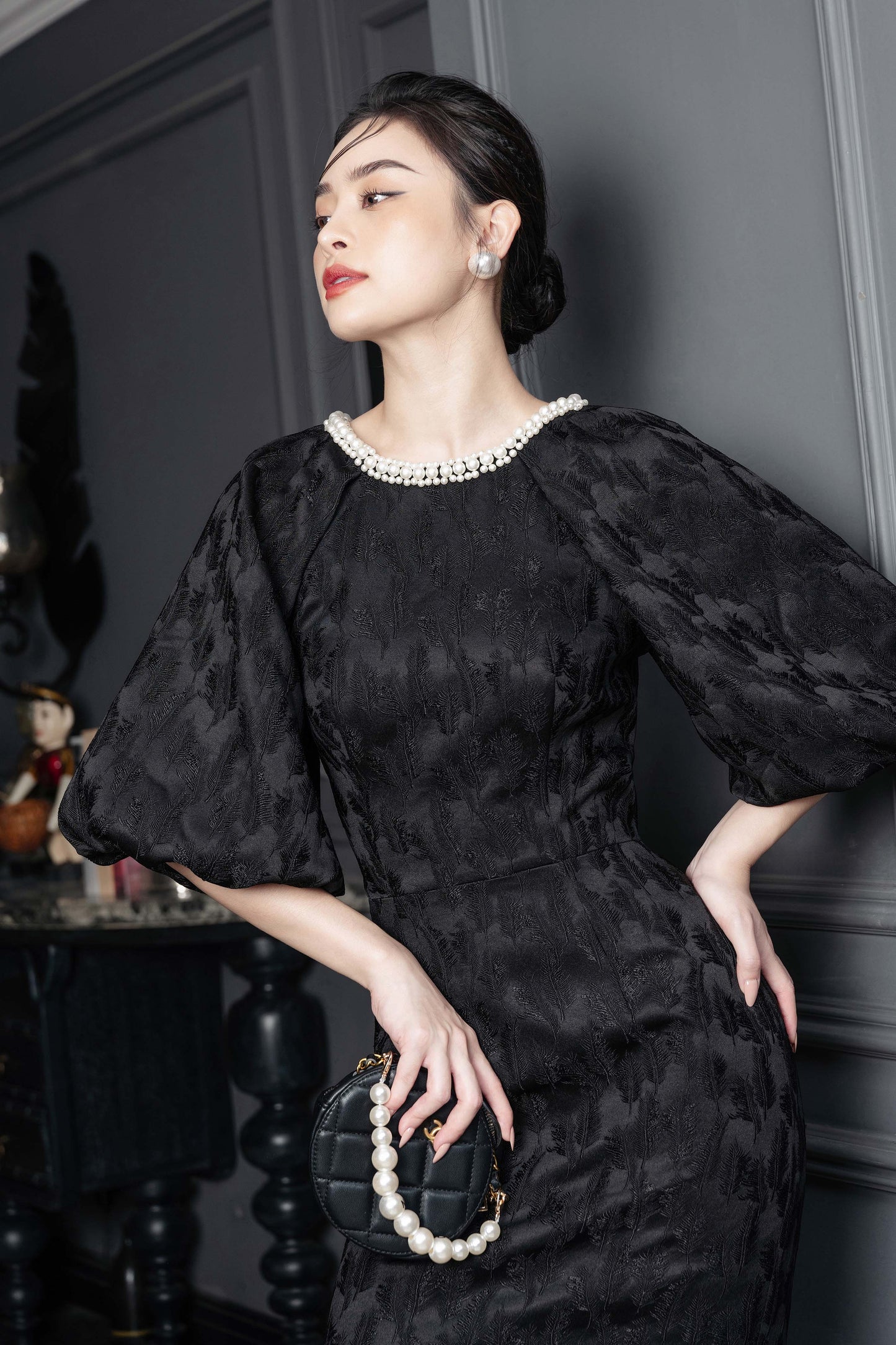 Black Jacquard Midi Dress with Puff Sleeves and Pearl Neckline