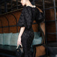 Black Jacquard Midi Dress with Puff Sleeves and Pearl Neckline