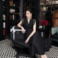 Black A-Line Midi Dress with Embellished Cap Sleeves and V-Neck