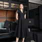 Black A-Line Midi Dress with Embellished Cap Sleeves and V-Neck