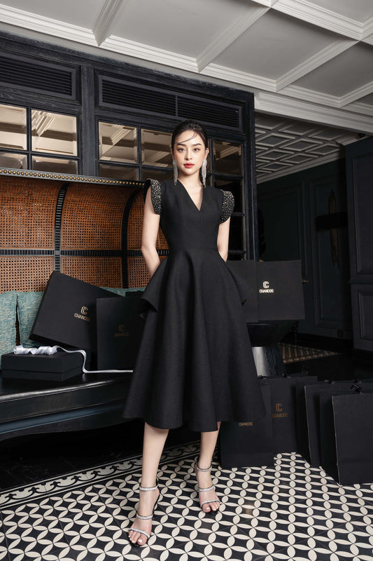Black A-Line Midi Dress with Embellished Cap Sleeves and V-Neck