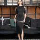 Black Cold-Shoulder Midi Dress with Pearl Embellishments