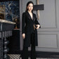 Black Tailored Suit Set with Long Blazer and Wide-Leg Pants