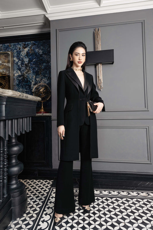 Black Tailored Suit Set with Long Blazer and Wide-Leg Pants