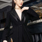 Black Tailored Suit Set with Long Blazer and Wide-Leg Pants