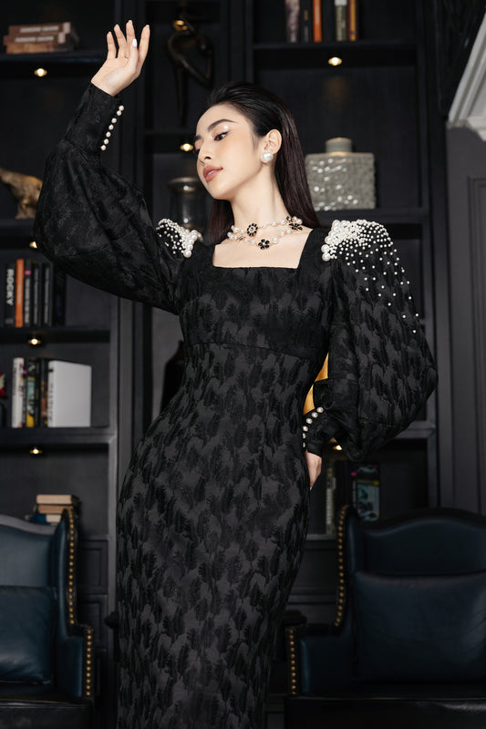 Black Textured Dress with Pearl-Embellished Shoulders