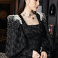 Black Textured Dress with Pearl-Embellished Shoulders