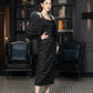 Black Textured Dress with Pearl-Embellished Shoulders