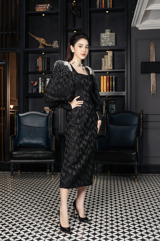 Black Textured Dress with Pearl-Embellished Shoulders