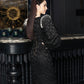 Black Textured Dress with Pearl-Embellished Shoulders