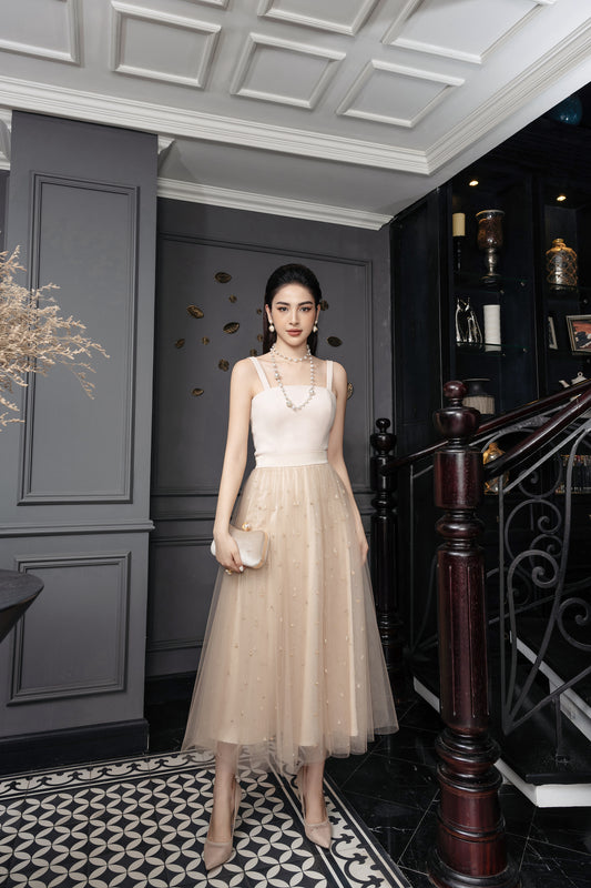 Beige Tulle Midi Dress