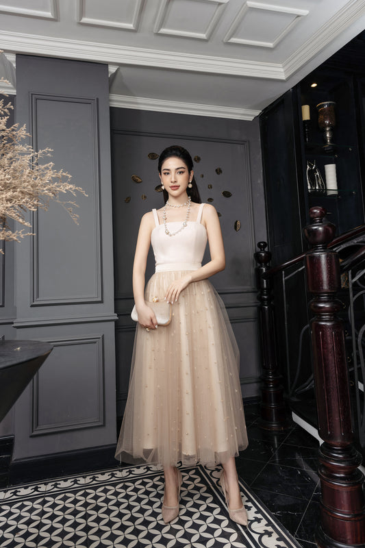 Beige Tulle Midi Dress