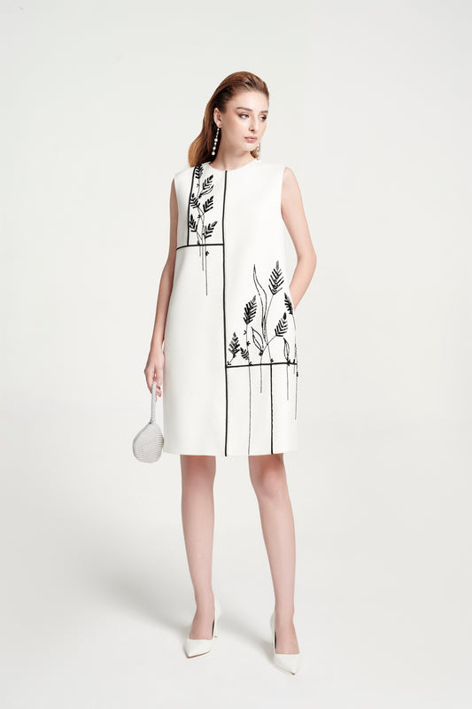 White Sleeveless Shift Dress with Black Botanical Embroidery
