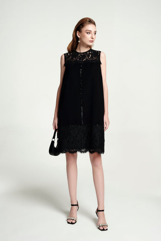 Black Lace Sleeveless A-Line Dress with Scalloped Hem