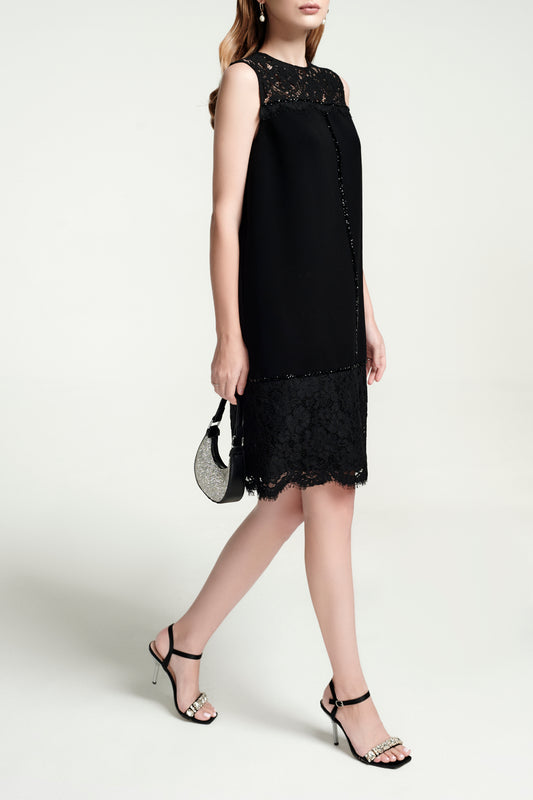Black Lace Sleeveless A-Line Dress with Scalloped Hem