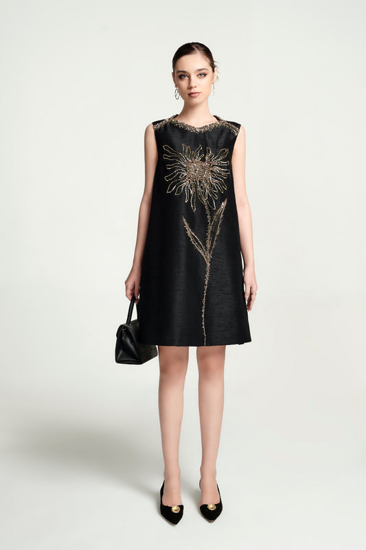 Black Sleeveless Shift Dress with Beaded Floral Embellishment