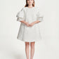 White A-Line Mini Dress with Layered Puff Sleeves and Textured Polka Dots