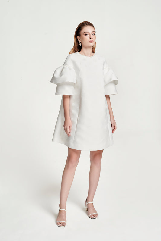 White A-Line Mini Dress with Layered Puff Sleeves and Textured Polka Dots