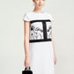 White Cap Sleeve Shift Dress with Floral Embroidery and Black Panel Detailing