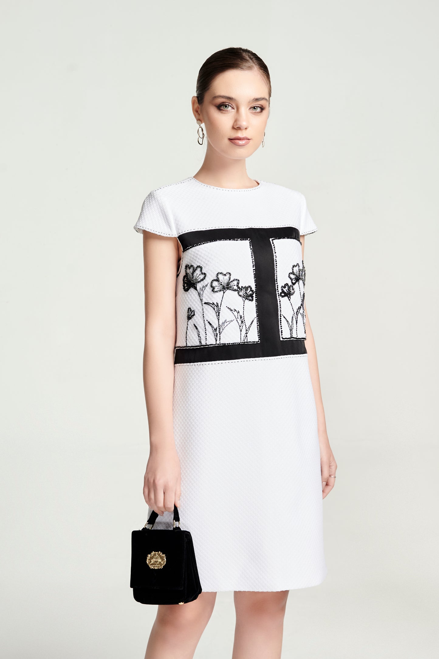 White Cap Sleeve Shift Dress with Floral Embroidery and Black Panel Detailing