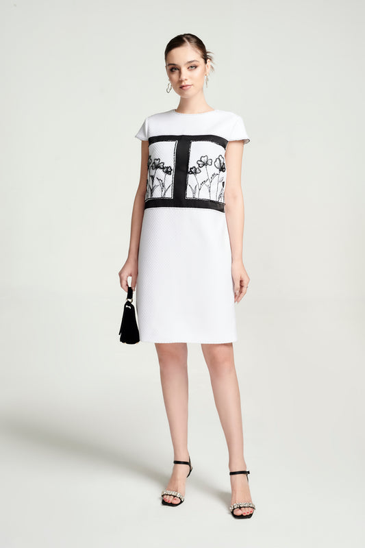 White Cap Sleeve Shift Dress with Floral Embroidery and Black Panel Detailing