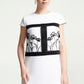 White Cap Sleeve Shift Dress with Floral Embroidery and Black Panel Detailing